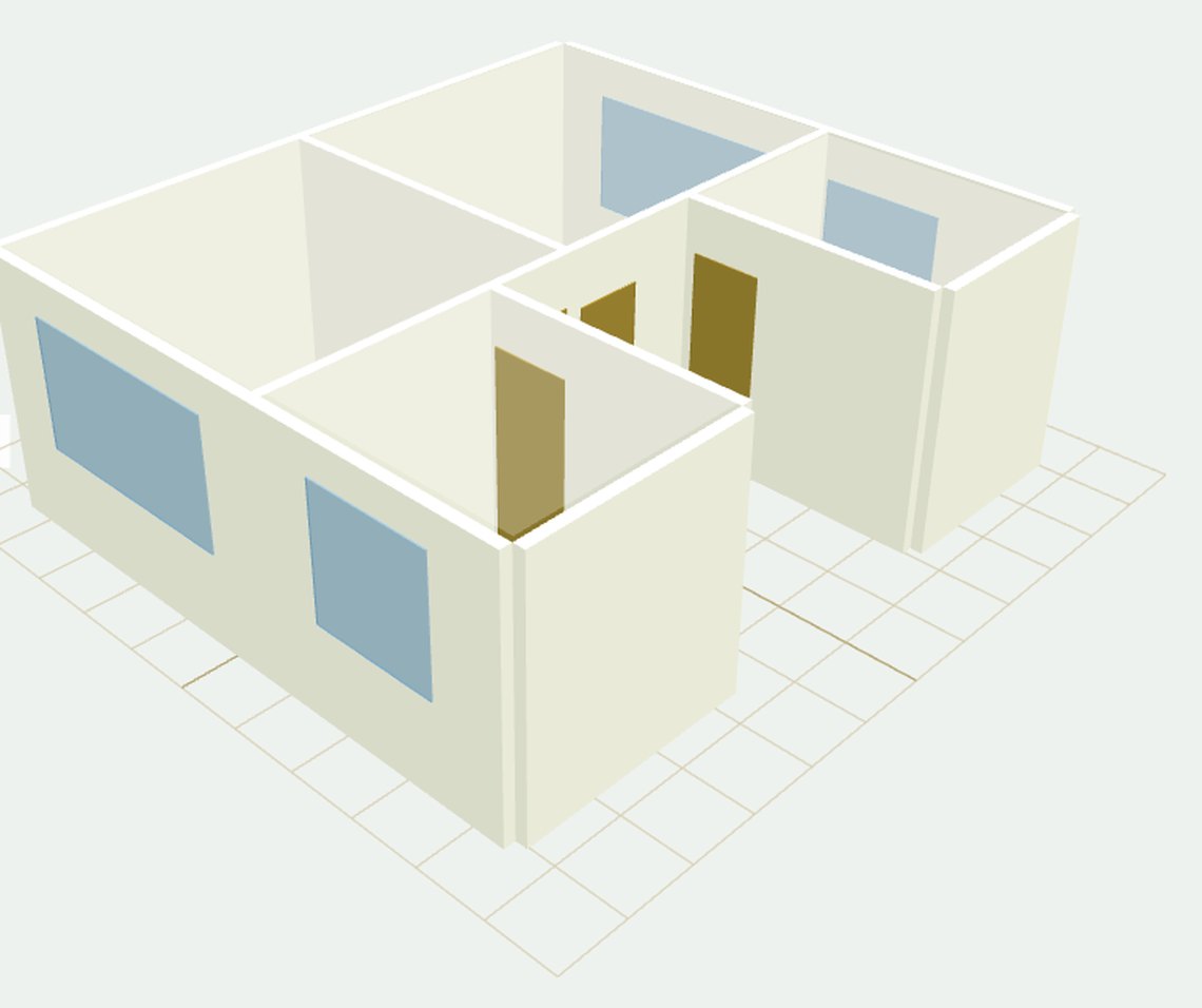 A measured three-dimensional model of a four-room home, showing walls, doors and windows in place.