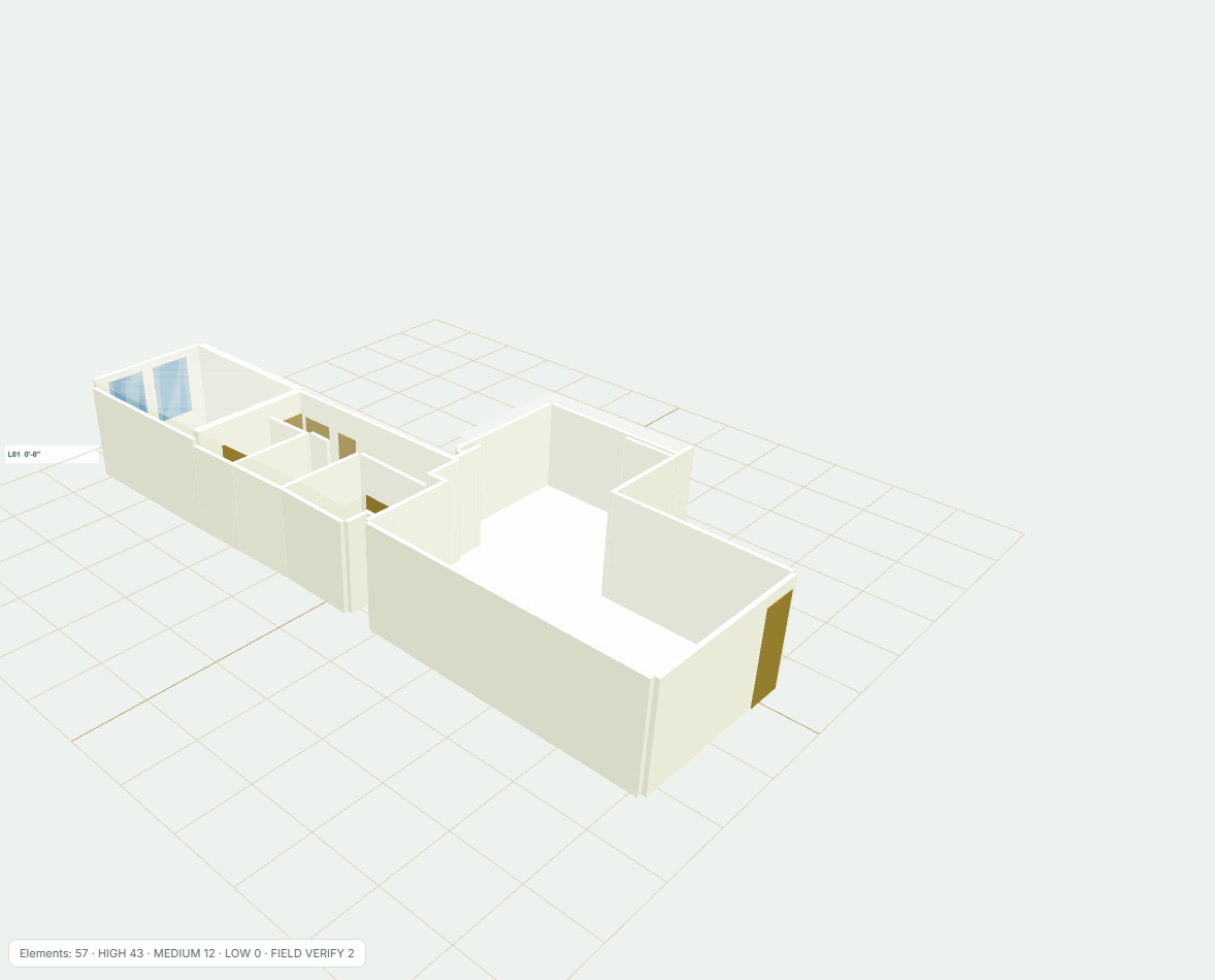 The measured 3D model of a scanned apartment, with a confidence map and level datums